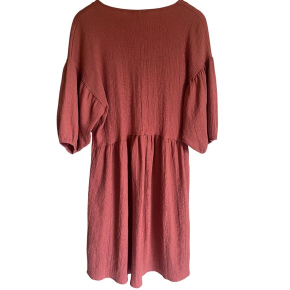 ZARA Textured Weave V-Neck Dress Rust Orange Half Sleeve Midi - Picture 3 of 8